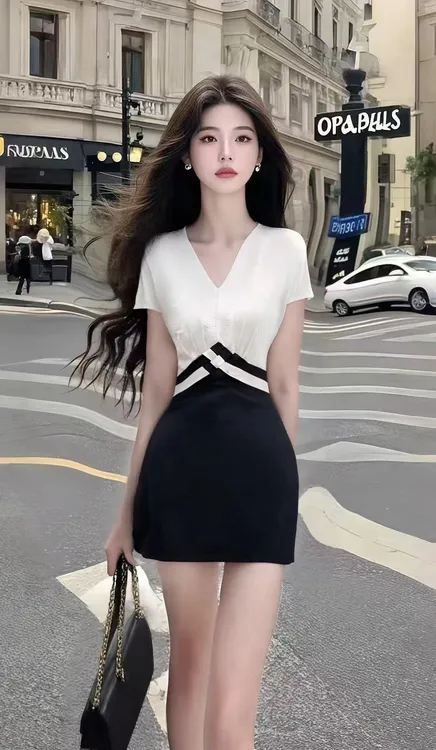 轻奢优雅温柔知性风撞色V领修身收腰包臀连衣裙女时尚氛围感女装