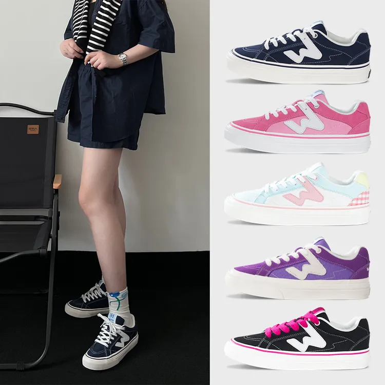 【顽刻ollieskate正品】春季校园风w系列翻毛皮帆布拼接ins情侣板鞋