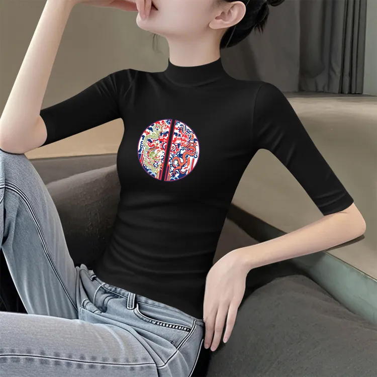 新中式2025新款黑色t恤女半高领打底修身显瘦五分袖紧身内搭上衣