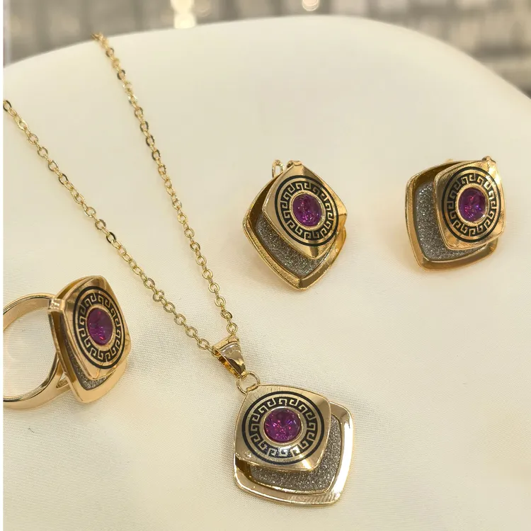 钛钢项链 方形玫红砖石三件套首饰