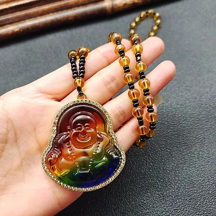 合金玻璃项链 长款民族风新款三彩项链弥勒佛