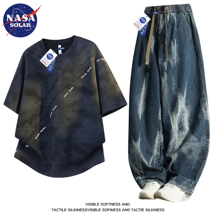 NASA SOLAR高级感痞帅大码T恤短袖男士套装夏季ins高街上衣两件套