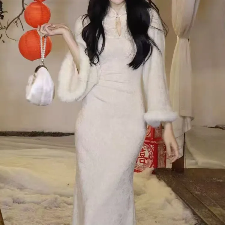 （大肥）新中式加绒改良旗袍裙暗纹压花千金名媛国风旗袍9219