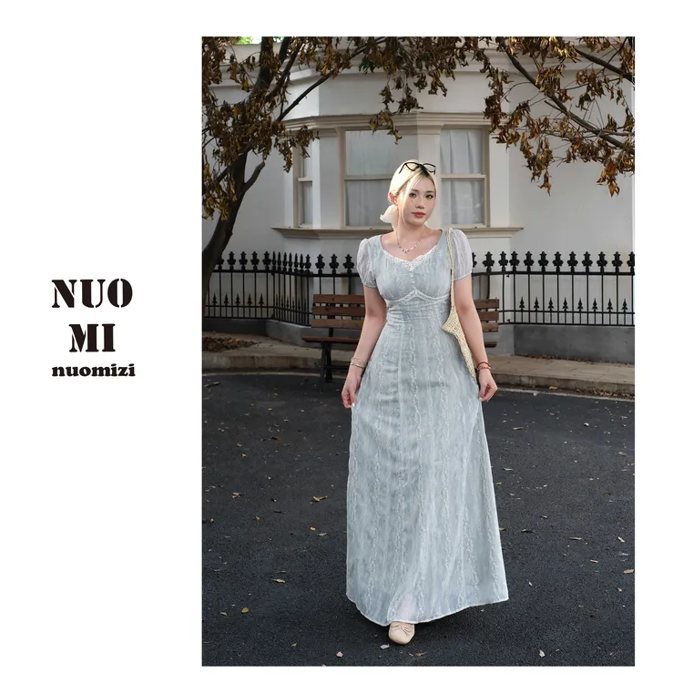 ZOZ糯米子[薄荷晨曦]法式温柔连衣裙清冷刺绣显瘦收腰初恋风裙子