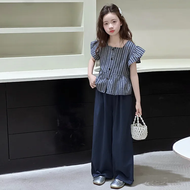 女童条纹飞袖短袖套装夏季2025新款大童夏装儿童韩系娃娃衫两件套