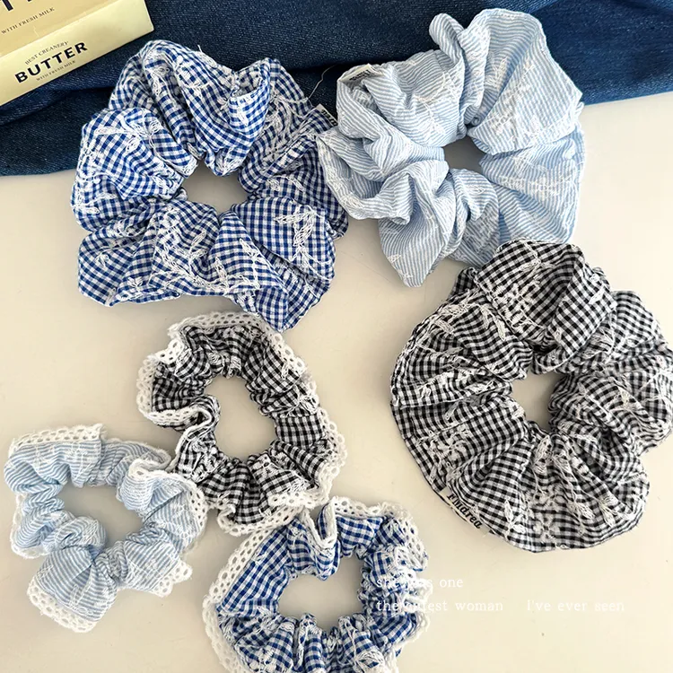 法式温柔刺绣格子大肠发圈少女蕾丝花边发绳扎头发橡皮筋头花头绳