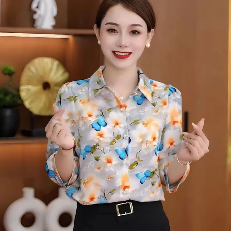 夏季大码薄款翻领冰丝雪纺衬衫七分袖妈妈宽松显瘦中袖防晒开衫