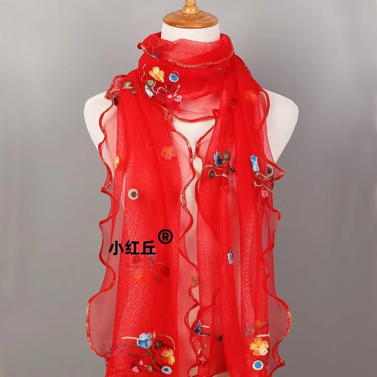 高弹荷叶边围巾 女春秋长款刺绣百搭纱巾 时尚跳舞丝巾披肩