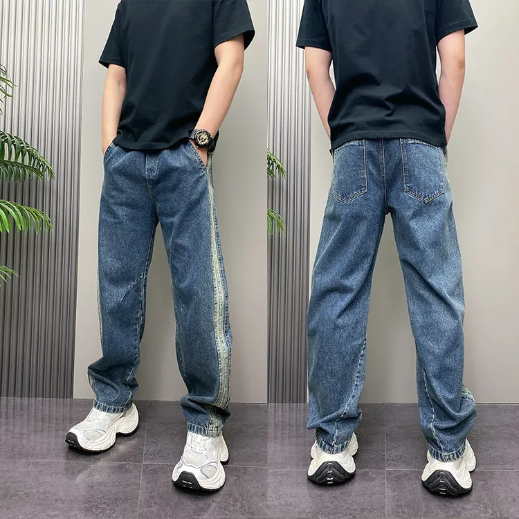 美式潮流拼色水洗牛仔裤男士2025秋季新款潮牌高街痞帅直筒阔腿裤