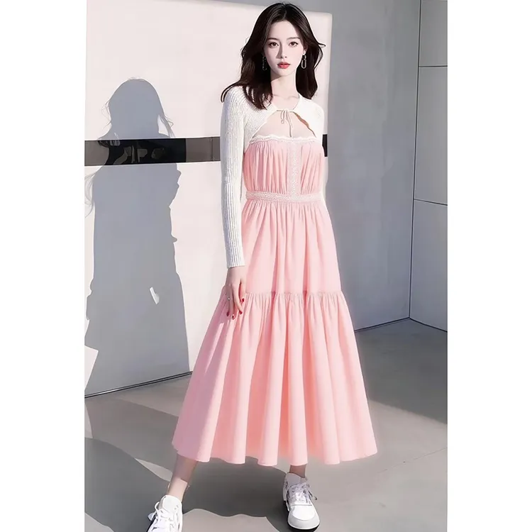 2025春季小个子甜美减龄粉色温柔吊带连衣裙白色开衫两件套装女