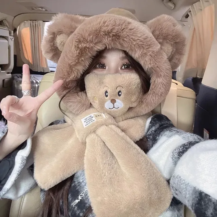 毛绒帽加厚保暖帽子围巾一体二件套百搭防寒护耳骑车防风保暖帽子