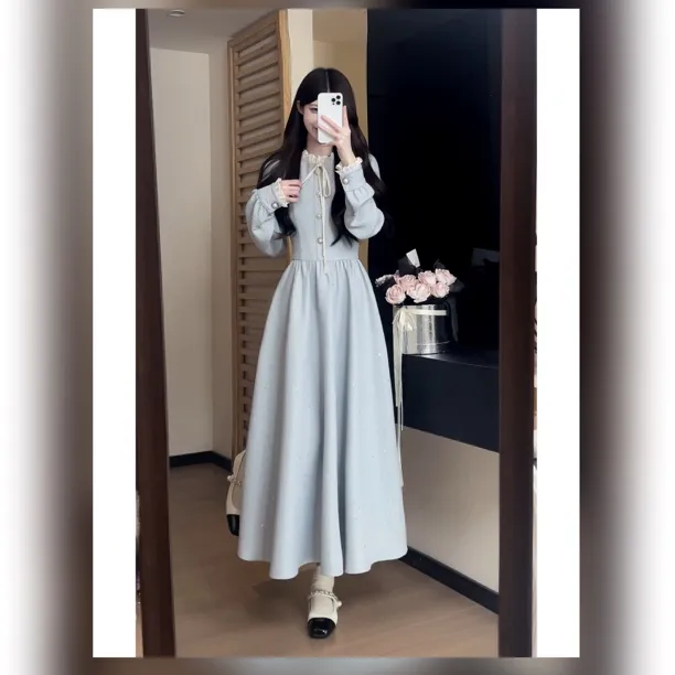 松本丧丧早秋小香风千金温柔风氛围感蓝色长袖连衣裙B253Q1819