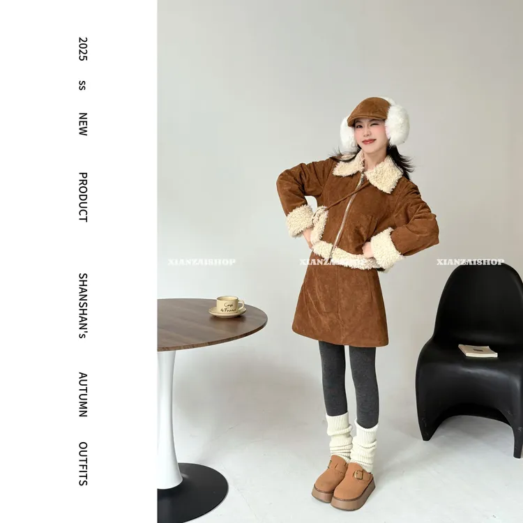 XIANZAI【榛果可可】冬季新款保暖麂皮绒毛毛领羽绒外套短裙两件套