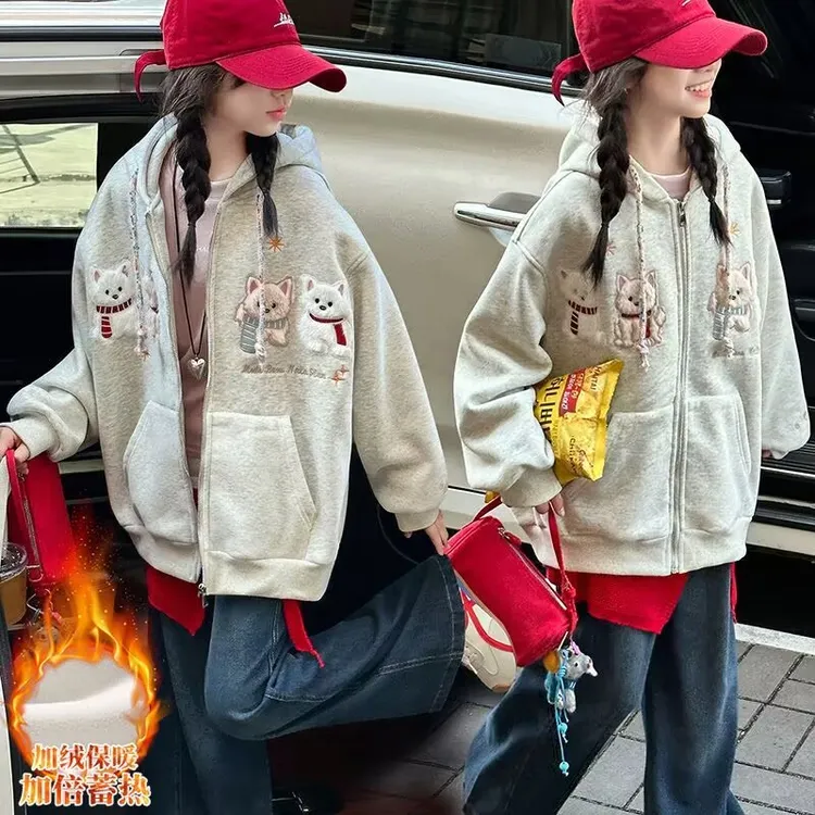 【加羔羔绒】2025新款儿童洋气加绒加厚连帽冬装女孩大童宽松外套