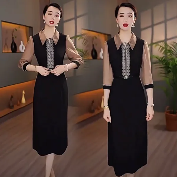 时尚七分袖连衣裙女2025夏季新款减龄名媛气质收腰显瘦中长款裙子