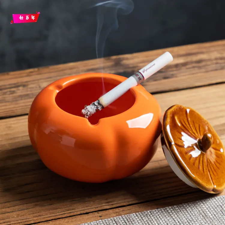 柿子烟灰缸创意个性潮流家用客厅摆件带盖防飞灰烟味陶瓷小号烟缸