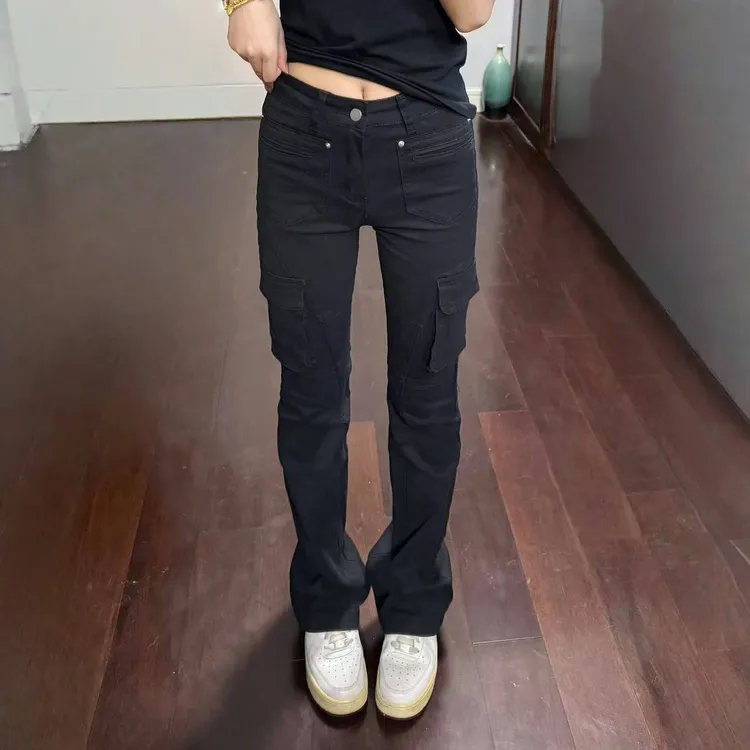 春款黑色中低腰棉质微喇工装拖地裤修身女款