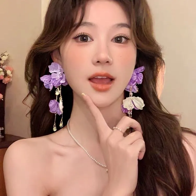 夏天流苏超仙独特度假小众设计紫色花朵耳夹绝美夸张长款耳环耳饰