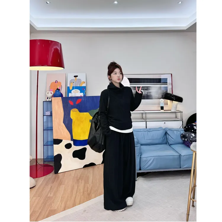 晶咕【暖绒法则】软糯糯连帽假两件撞色上衣+全松紧腰抽绳阔腿裤