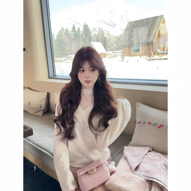 洋气蕾丝拼接半高领针织打底衫女秋冬轻奢高级感毛衣内搭气质上衣