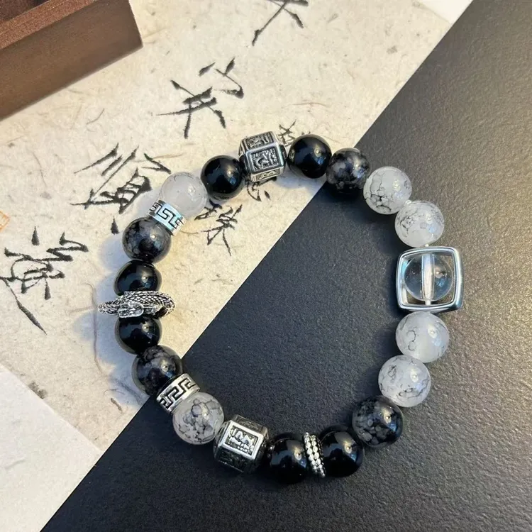 钛钢玻璃手链 龙脊玄武曜夜手串盘龙混搭色琉璃珠男女通用单圈