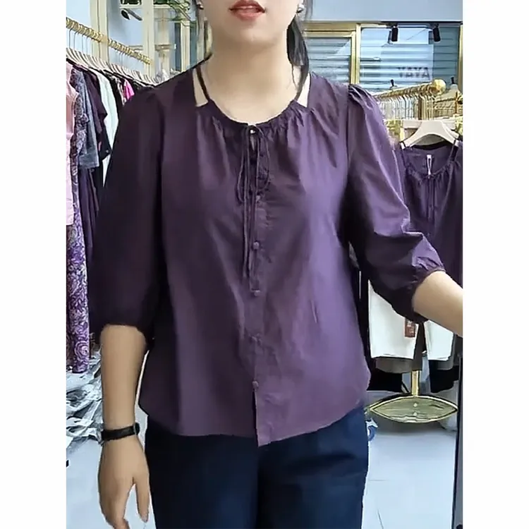 紫色镂空圆领七分袖衬衫女2025夏季新款宽松显瘦百搭系带开衫上衣