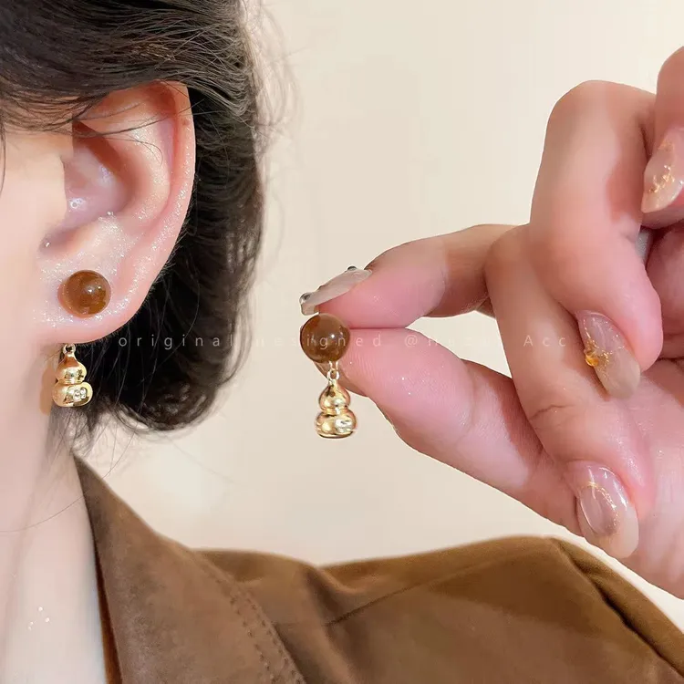 合金耳饰 复古美拉德虎眼石耳钉新中式葫芦小众设计高级独特耳饰