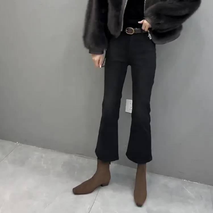 黑灰小个子微喇牛仔裤女秋冬加绒高腰百搭弹力显瘦修身九分喇叭裤