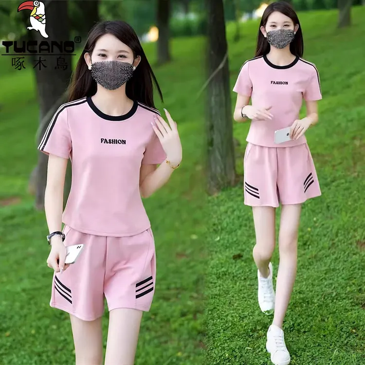 啄木鸟纯棉时尚洋气夏季新款韩版百搭休闲运动服宽松显瘦两件套潮