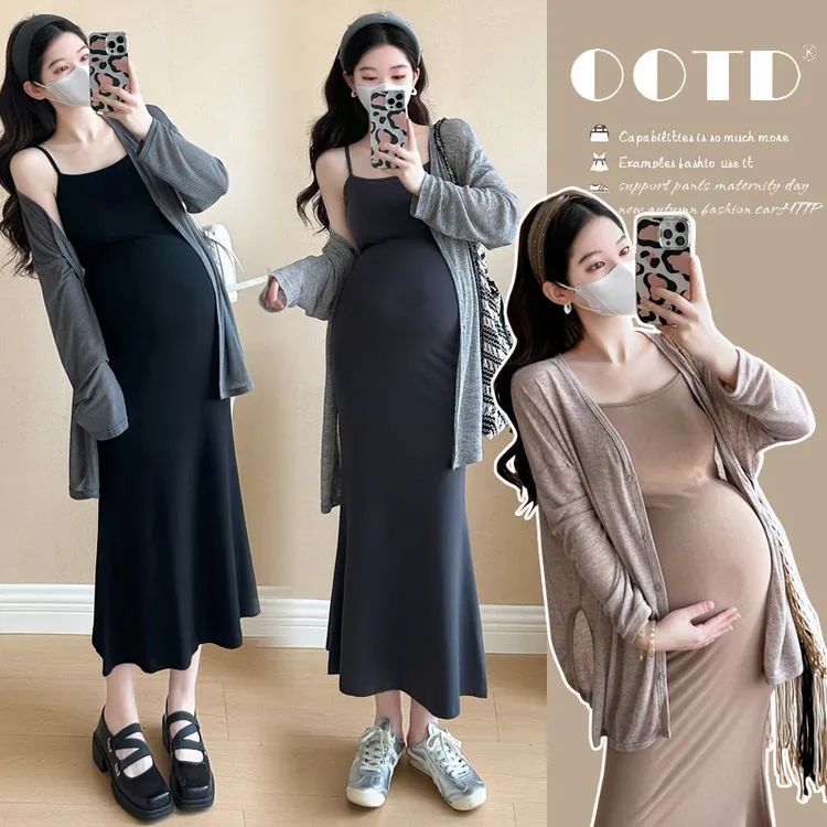 孕妇装春夏新款法式甜美宽松百搭防晒开衫修身显瘦孕妇吊带裙套装