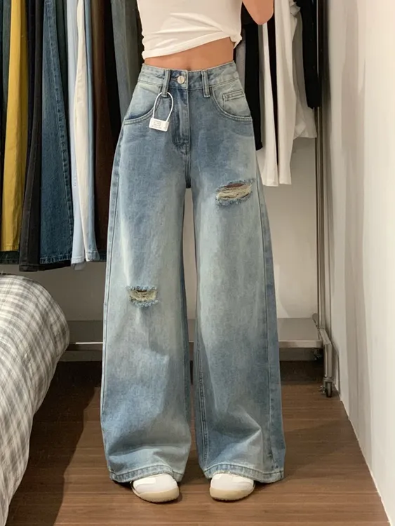 美式复古直筒破洞牛仔裤女夏季新款设计感百搭宽松显瘦阔腿拖地裤