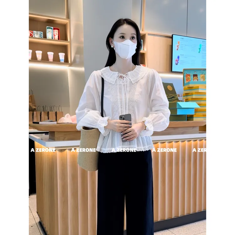 BK韩系娃娃领刺绣白色长袖衬衫女秋季新款