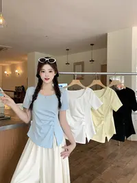 Q2025夏装新款胖mm大码女甜辣妹v领不规则收腰轻薄短袖体恤
