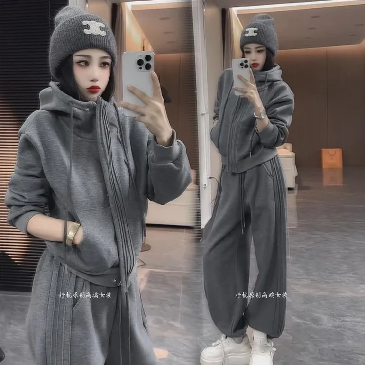 运动休闲套装女2025秋冬新款欧货时尚洋气加绒加厚连帽卫衣两件套