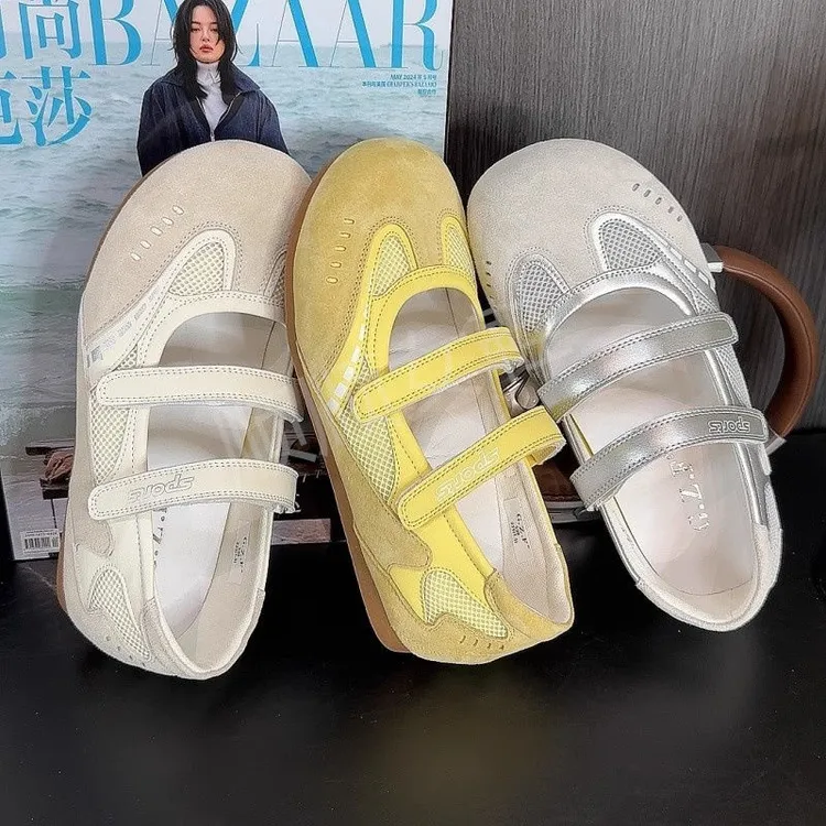 芭蕾舞黄色玛丽珍女鞋2025夏季新款软底双魔术贴浅口圆头网鞋单鞋