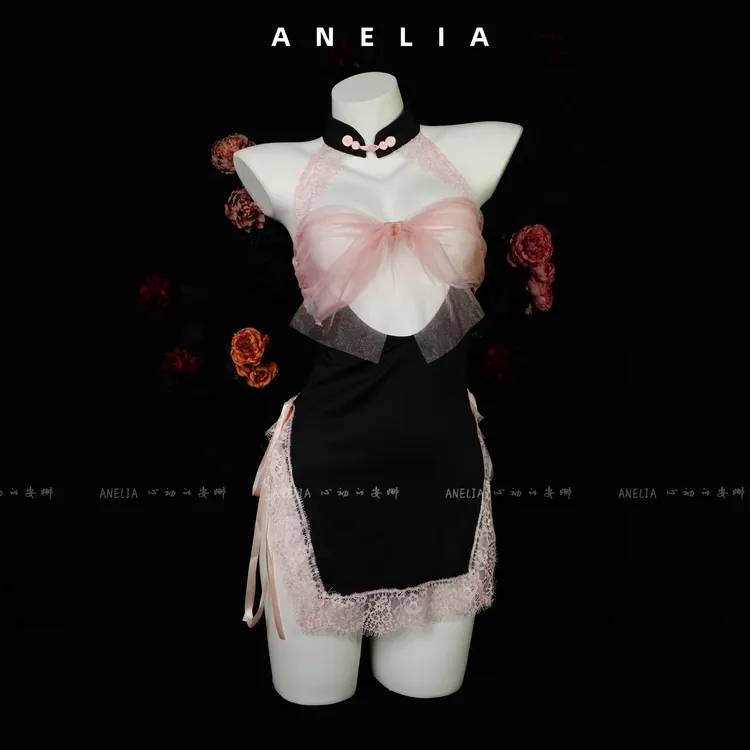 ANELIA 胭脂梦 古风中式内衣旗袍性感蕾丝拼接睡裙绑带纯欲开叉