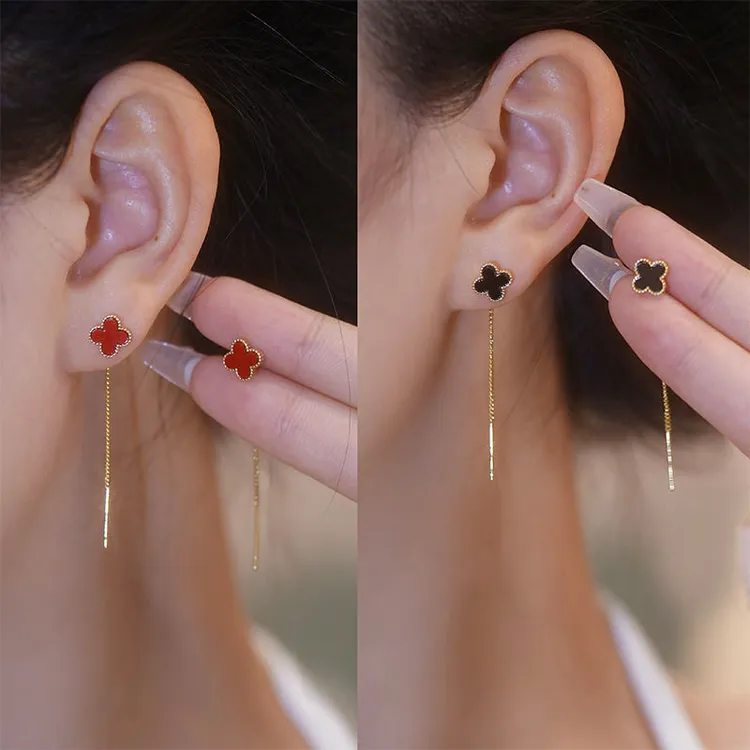 铜合金耳饰 【幸运四叶草】红色流苏耳线小众高级感耳环2025新款商品图