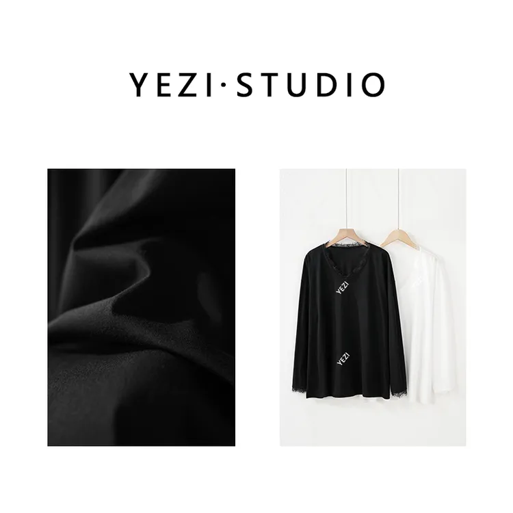 【法式极简】百百长绒棉蕾丝拼接浪漫百搭廓形V领长袖T恤25317012