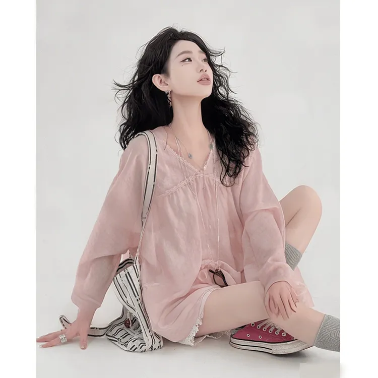 设计感拼接V领系带上衣防晒休闲纯色上衣