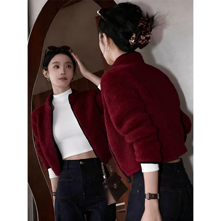 韩系秋冬装拍照必备衣服酒红色外套女款爆款2025新款开衫上衣洋气