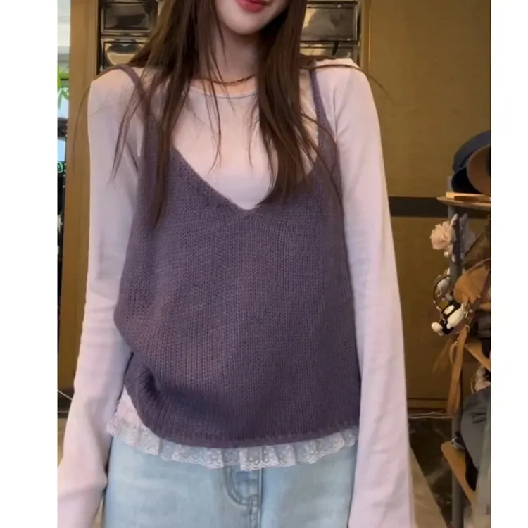 多巴胺减龄时尚套装女2025春秋新款蕾丝拼接打底衫叠穿吊带两件套