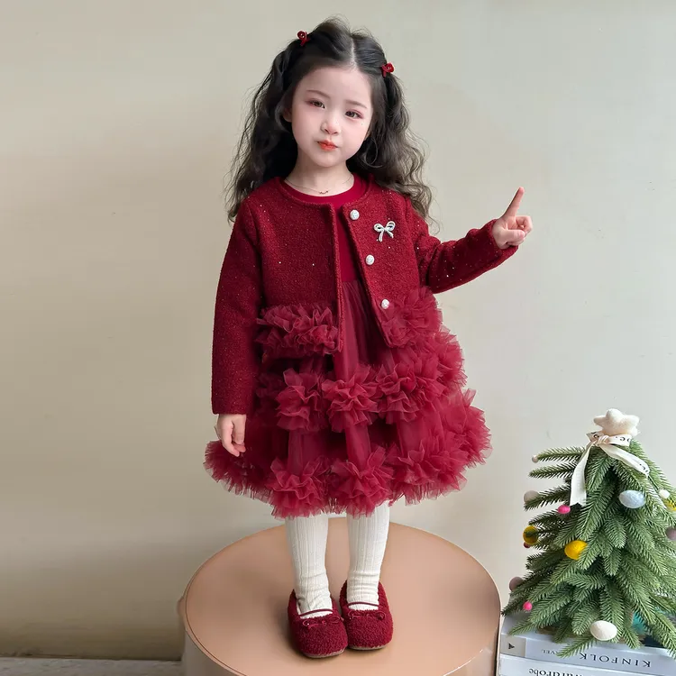 女童加绒套装裙甜美韩系女宝宝红色洋气拜年服小香风纱裙两件年服