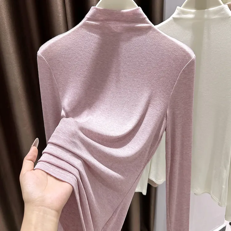 莱赛尔天丝羊毛粉色打底衫女爆款2025新款半高领内搭t恤高档上衣