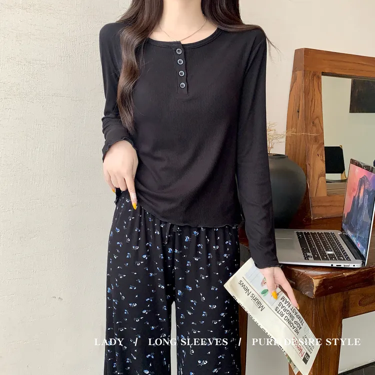 睡衣女款春秋季长袖圆领韩版冬纯欲风休闲黑色碎花带胸垫女装套装