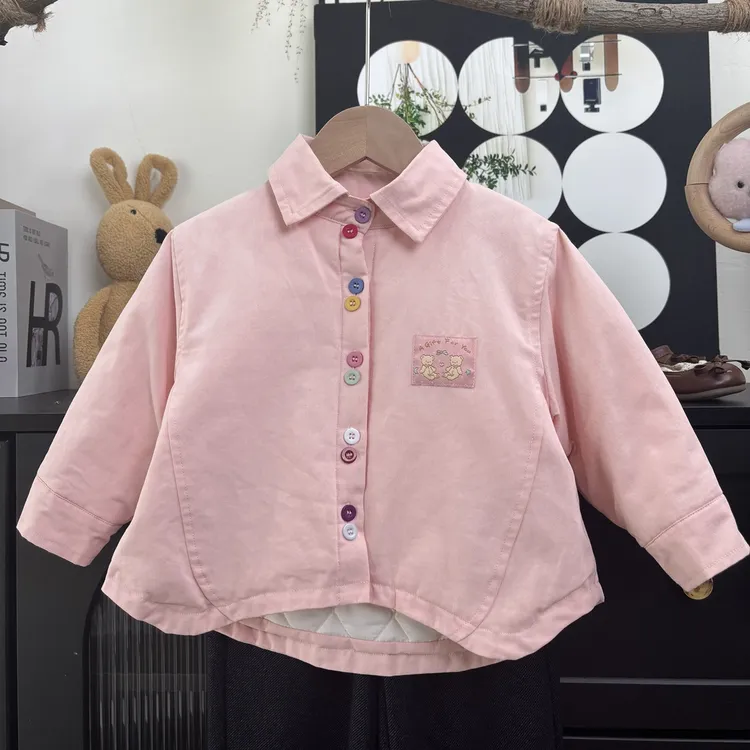 【初冬夹棉】2025蓝粉滤镜女童保暖衬衫夹棉棉服外套七彩纽扣上衣