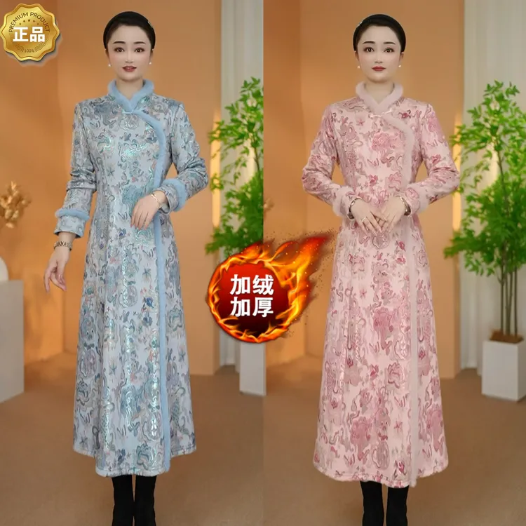 【衣雅严选】8121-2532#麂皮绒烫金加绒加厚显瘦旗袍连衣裙