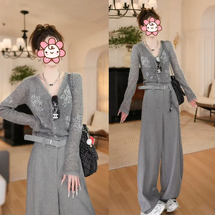 网红洋气炸街套装女2025秋冬新款重工串珠针织衫显瘦气质阔腿裤子