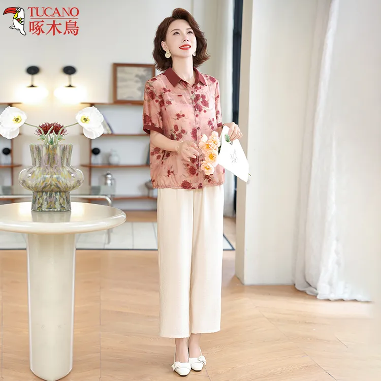 啄木鸟洋气妈妈夏装时尚两件套新款中年翻领印花上衣夏季薄款套装