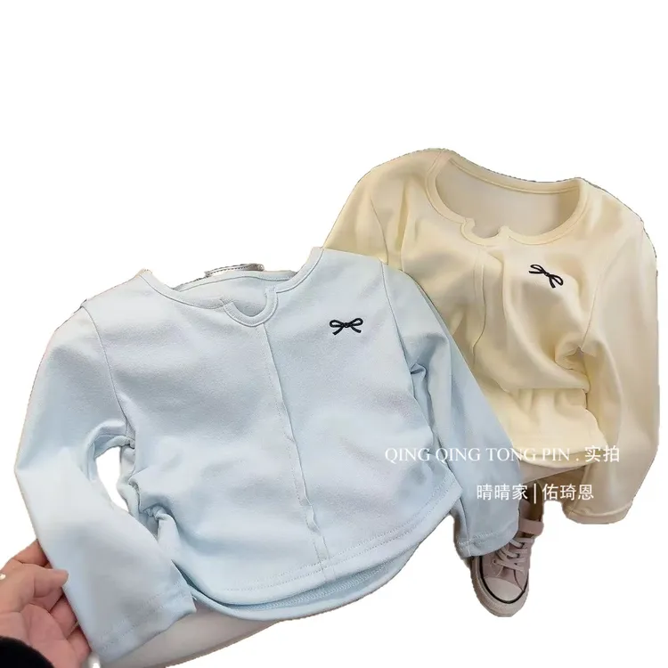 秋季新款刺绣蝴蝶结打底衫女童秋冬时尚长袖简约甜美可爱上衣可爱