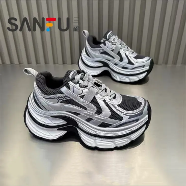 三福超轻透气网面老爹鞋女2025新款春秋季增高轻便厚底运动休闲鞋